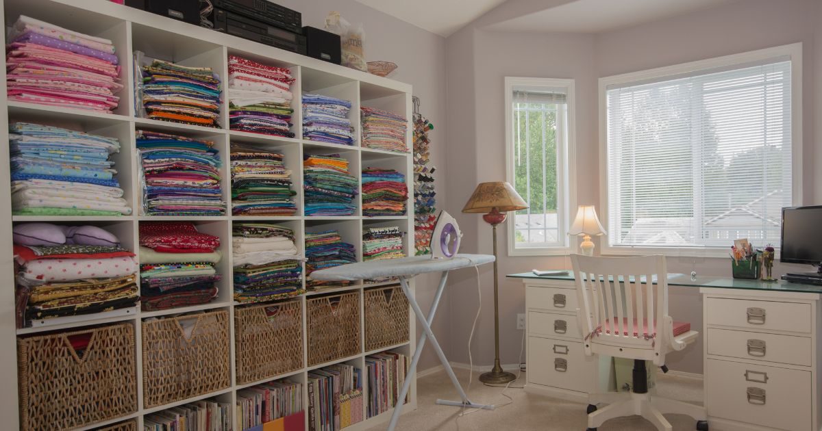 Organized shelves with fabric